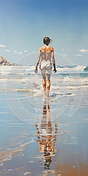 Chrome Reflections: Dennis Walking Alone Beach Painting - Uhd Art
