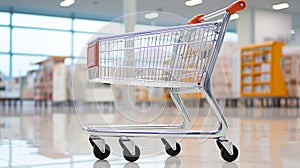 Chrome shopping cart in empty supermarket aisle