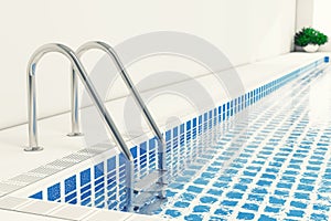 Chrome Swimming Pool Ladder in Swimming Pool Interior. 3d Render