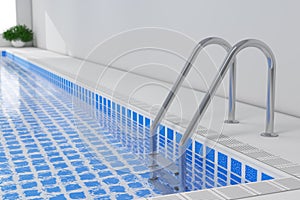 Chrome Swimming Pool Ladder in Swimming Pool Interior. 3d Render