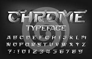 Chrome Typeface. 3D metal effect letters and numbers with shadow.