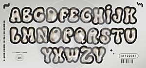 Chrome Y2K font, featuring a glossy liquid metal effect. Trendy 3D alphabet aesthetic techno letters, numbers, and
