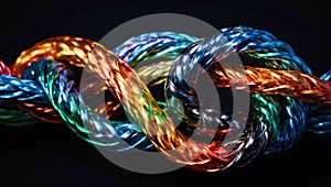 chromed metal cables of various colors knotted together - concept of solidarity cooperation between teams