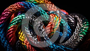 chromed metal cables of various colors knotted together - concept of solidarity cooperation between teams