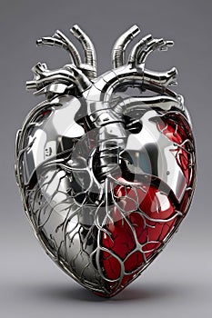 Chromed metal human heart with blood vessels made of iron pipes isolated on neutral background