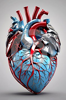 Chromed metal human heart with blood vessels made of iron pipes isolated on neutral background