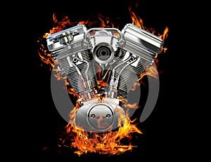 Chromed motorcycle engine on fire