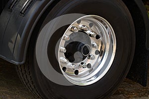 Chromed Truck Wheel Closeup. Heavy Duty Truck Wheel