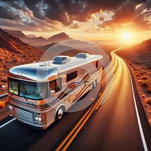 Chromed Winnebago travelling the lone highways at sunset