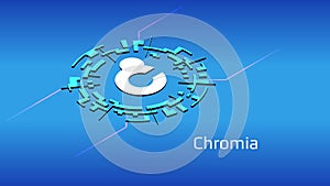 Chromia CHR isometric token symbol of the DeFi project in digital circle on blue background.