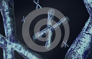 Chromosomes with telomeres on a blue backgrouncro illustration.