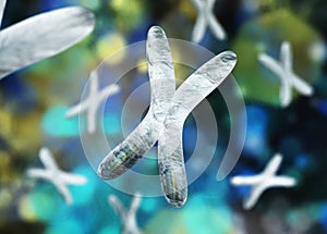 Chromosomes, X chromosome close up on a blurred background, human genome, 3d rendering