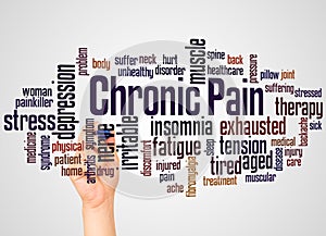 Chronic pain word cloud and hand with marker concept photo