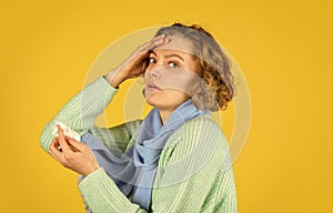 Chronic sinusitis. Cold flu symptoms. Woman blowing nose. Respiratory disease. Influenza infection. Sinusitis treatment photo