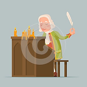 Chronicler noble writer scribe playwright medieval aristocrat periwig pen music stand scroll candles mascot cartoon