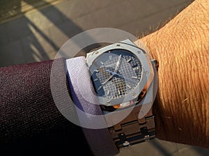 Chronograph wrist watch with metal or leather strap. Swiss made