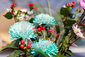 Chrysanthemum Flower arrangement. Beautiful, vivid, colorful mixed flower bouquet still life detail