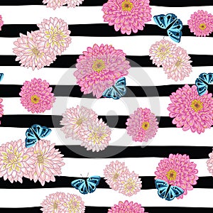 Chrysanthemum flowers and butterfly seamless pattern on black stripes