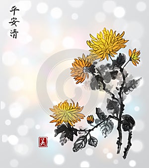 Chrysanthemum flowers on white glowing background. Traditional oriental ink painting sumi-e, u-sin, go-hua.