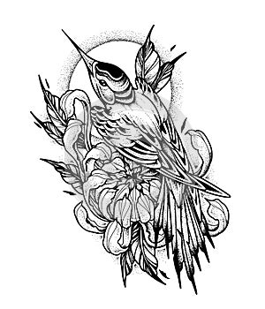 Crisantemo un colibrì tatuaggio. punto, stile. vettore illustrazioni 