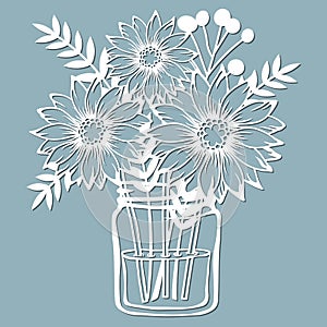 Chrysanthemum in a jar of water. Vector illustration. Paper flower, stickers. Laser cut. Template for Plotter. Pattern for the