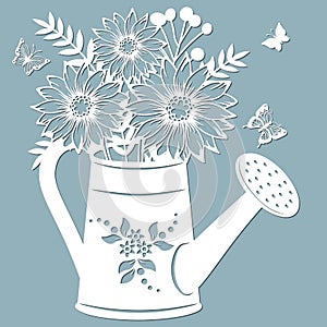 Chrysanthemum in a jar of water. watering can. Vector illustration. Paper flower, stickers. Laser cut. Template for Plotter.