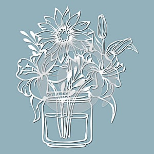 Chrysanthemum and Lily in a jar of water. Vector illustration. Paper flower, stickers. Laser cut. Template for Plotter. Pattern