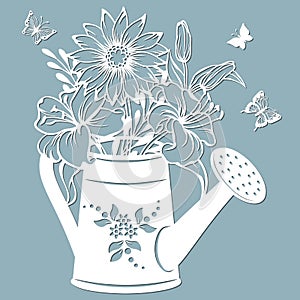 Chrysanthemum and Lily in a jar of water. watering can. Vector illustration. Paper flower, stickers. Laser cut. Template for