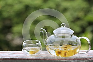 Chrysanthemum tea in glass teapot on blurred natural background
