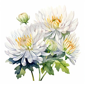 Chrysanthemum Watercolor Painting: White Diamond Flowers On White Background