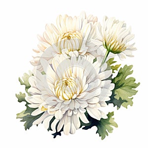 Chrysanthemum Watercolor Portrait: White Perfection Flowers On White Background