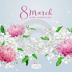 Chrysanthemums and Apple blossom for 8 March vector greeting car
