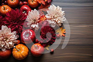 Chrysanthemums, pumpkins, apples, rose hips and maple leaves on a background of wooden boards