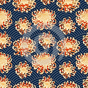 Chrysanthemums seamless pattern. Japanese seigaiha ornament. Elegant wavy print for textiles, packaging. Vector illustration