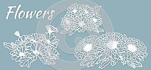 chrysanthemums. set template for laser cutting and Plotter. Flowers, leaves for decoration. Vector illustration. Sticker