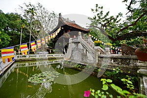 Chua Mot Cot, One Pillar Pagoda building on a pond in Hanoi, Vietnam