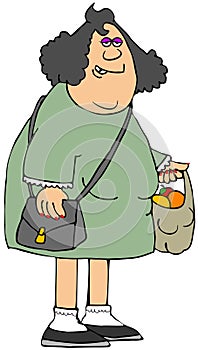 Chubby brunette woman carrying a sack of fruit