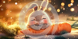 A Chubby Bunny Hugging a Plush Carrot Surrounded by Greenery for Cute Farmyard and Spring Imagery