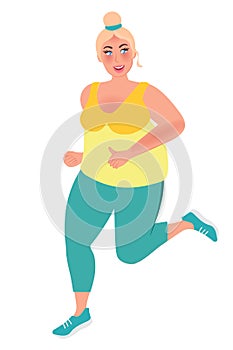 Chubby girl on morning jog and workout. Sports, Jogging, fitness. Healthy lifestyle. Losing weight. Vector graphics