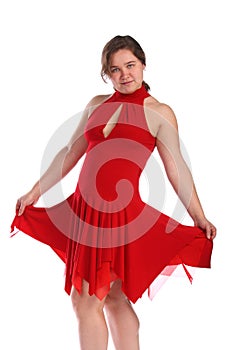 Chubby girl in red dress dancing