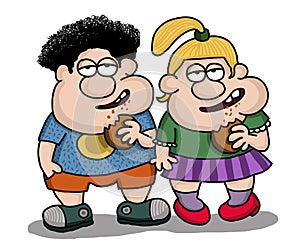 Chubby kids eating junk food