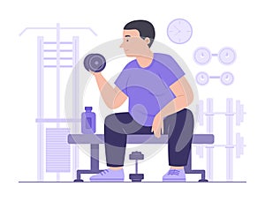 Chubby Man Exercise with Dumbbell for Weight Training in Fitness Gym Room