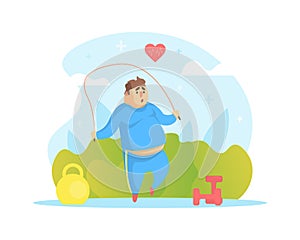 Chubby Man Jumping with Skipping Rope, Overweight Man Character Doing Workout Outdoors Vector Illustration