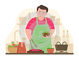 Chubby Man Prepare Food Ingredient for Cooking in Kitchen