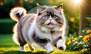 The chubby Persian cat is playing in the park under the sunlight