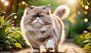 The chubby Persian cat is playing in the park under the sunlight