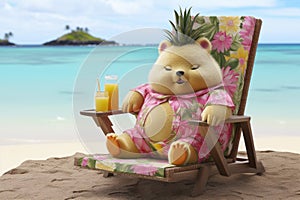 Chubby pet sitting beach chair at summer season. Generative AI
