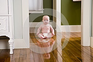 Chubby seven month old baby at home on floor photo