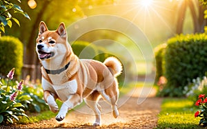 A chubby Shiba dog Inu is happily running in the garden!
