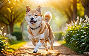 A chubby Shiba dog Inu is happily running in the garden!